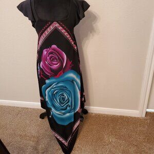 Dress Short Sleeves Rose Floral Black 97% Polyester 3% Spandex. One Size.